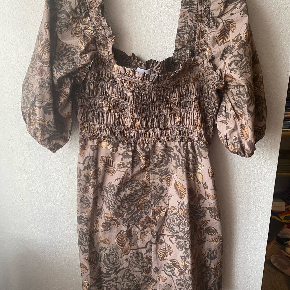 Ganni Brown Floral Long Sleeve Dress